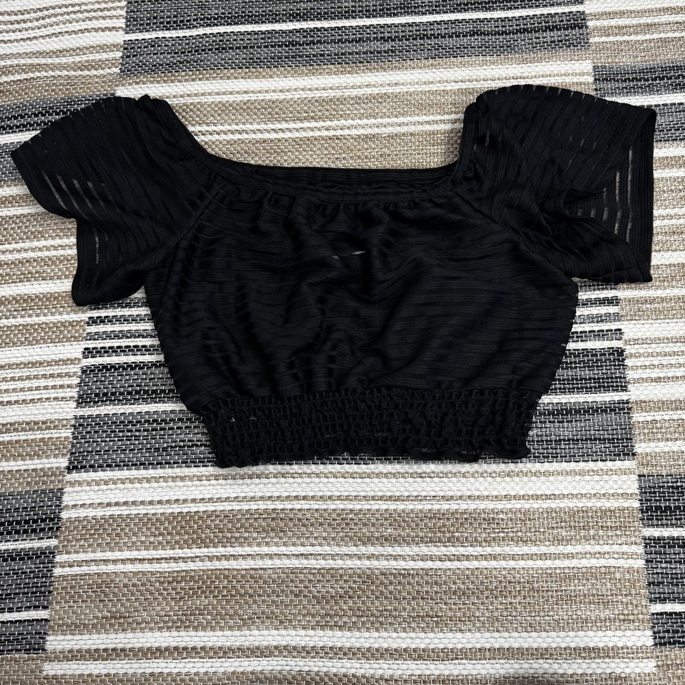 Tracy Reese Shirt Women's Medium Crop Square Neck Smocked Waist Sheer Stripe